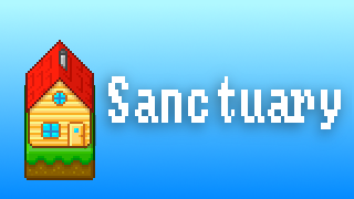 Pixel art. A square of land is floating in the sky. It has a house built on it. To the right is pixelated text reading 'Sanctuary'